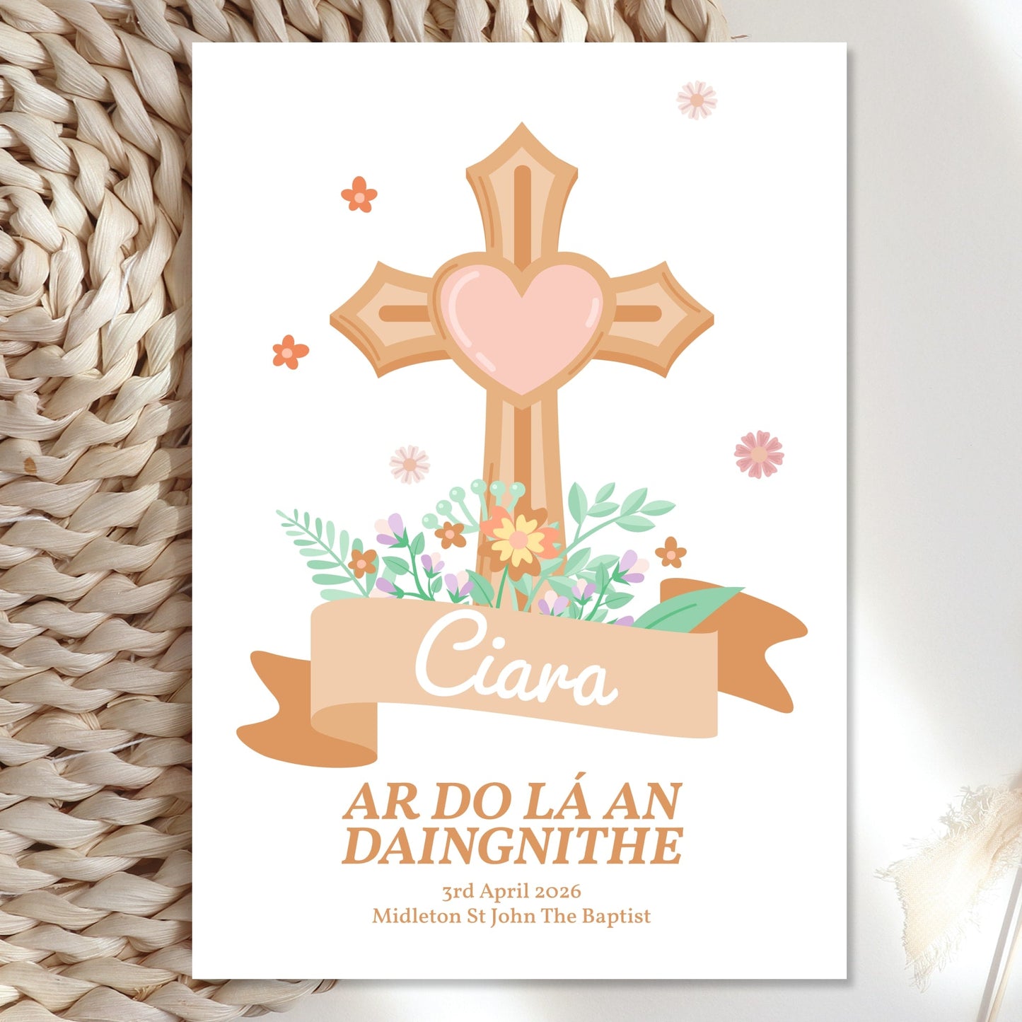 Cross & Flowers Personalised Irish Confirmation Card for Girls - Greeting Card - Printarelle