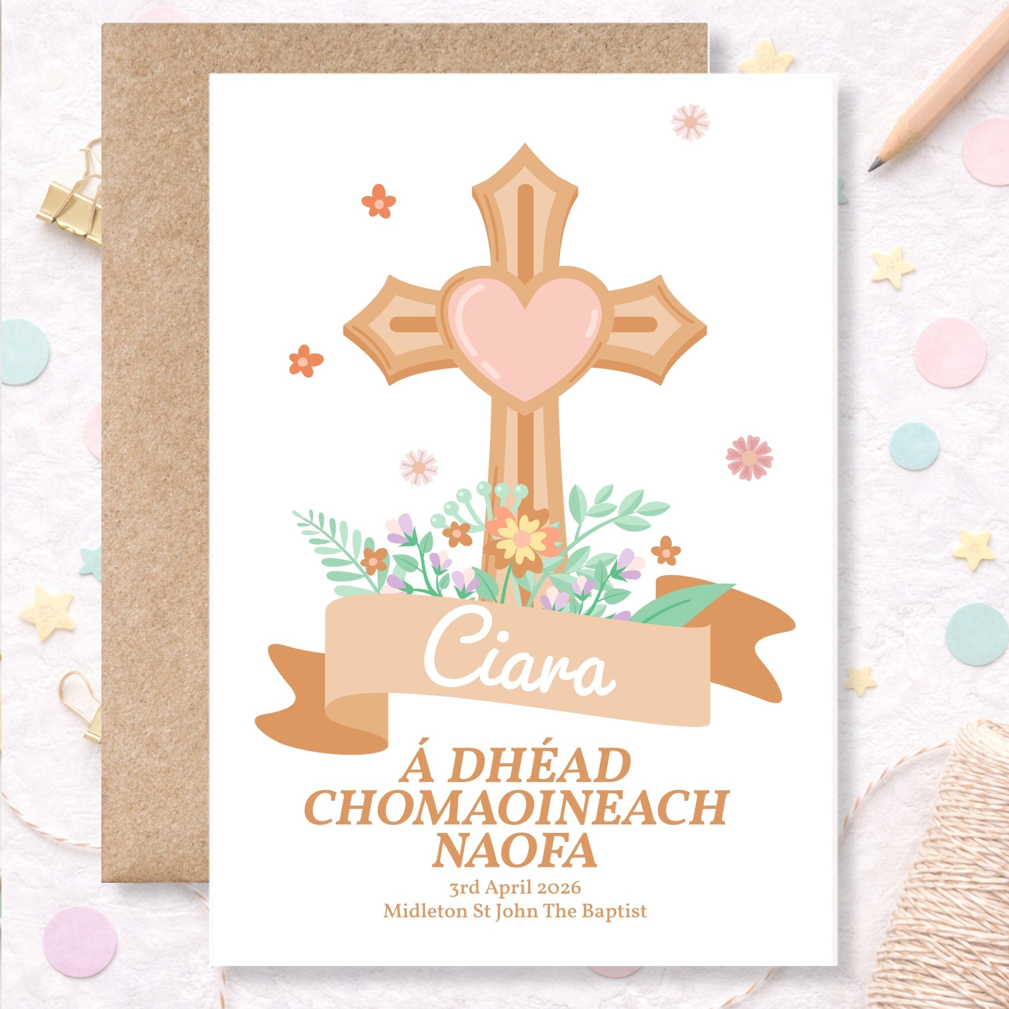 Cross & Flowers Personalised Irish Language First Holy Communion Card - Greeting Card - Printarelle
