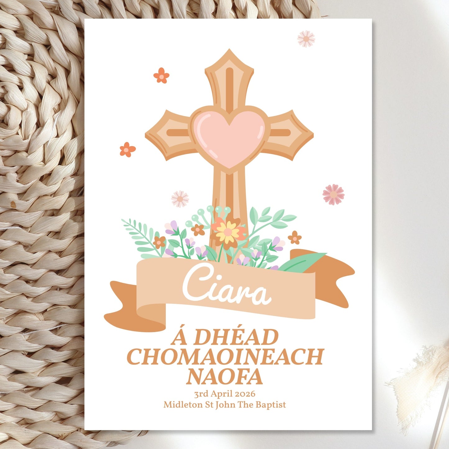 Cross & Flowers Personalised Irish Language First Holy Communion Card - Greeting Card - Printarelle