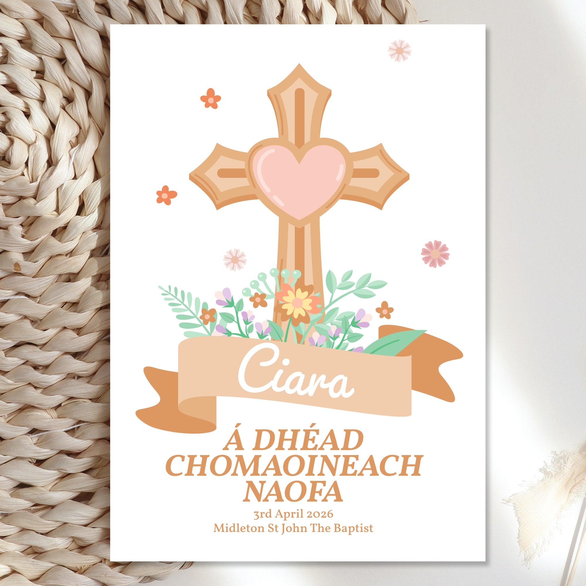 Cross & Flowers Personalised Irish Language First Holy Communion Card - Greeting Card - Printarelle