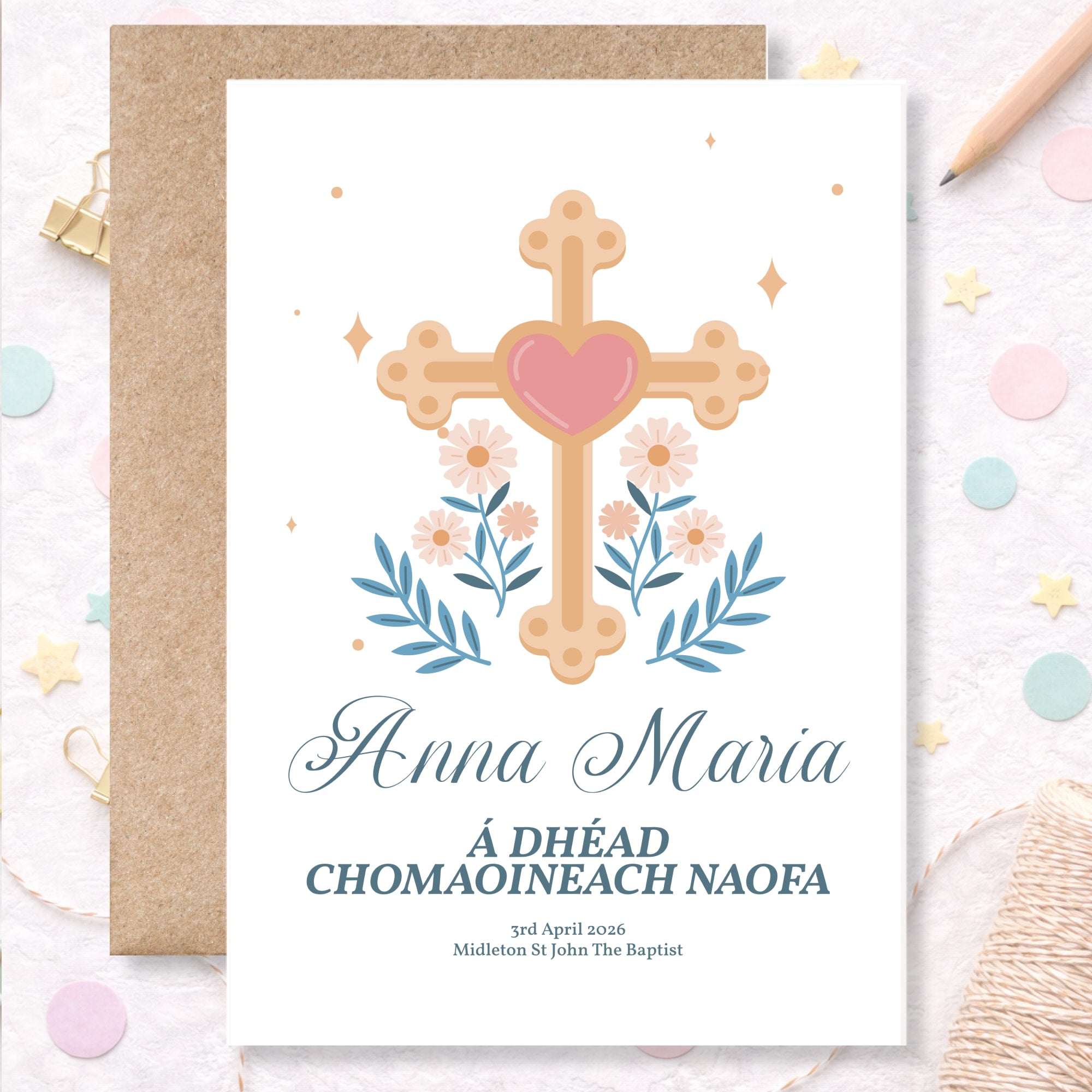 Cross Heart & Floral Personalised Irish Language First Holy Communion Card - Greeting Card - Printarelle