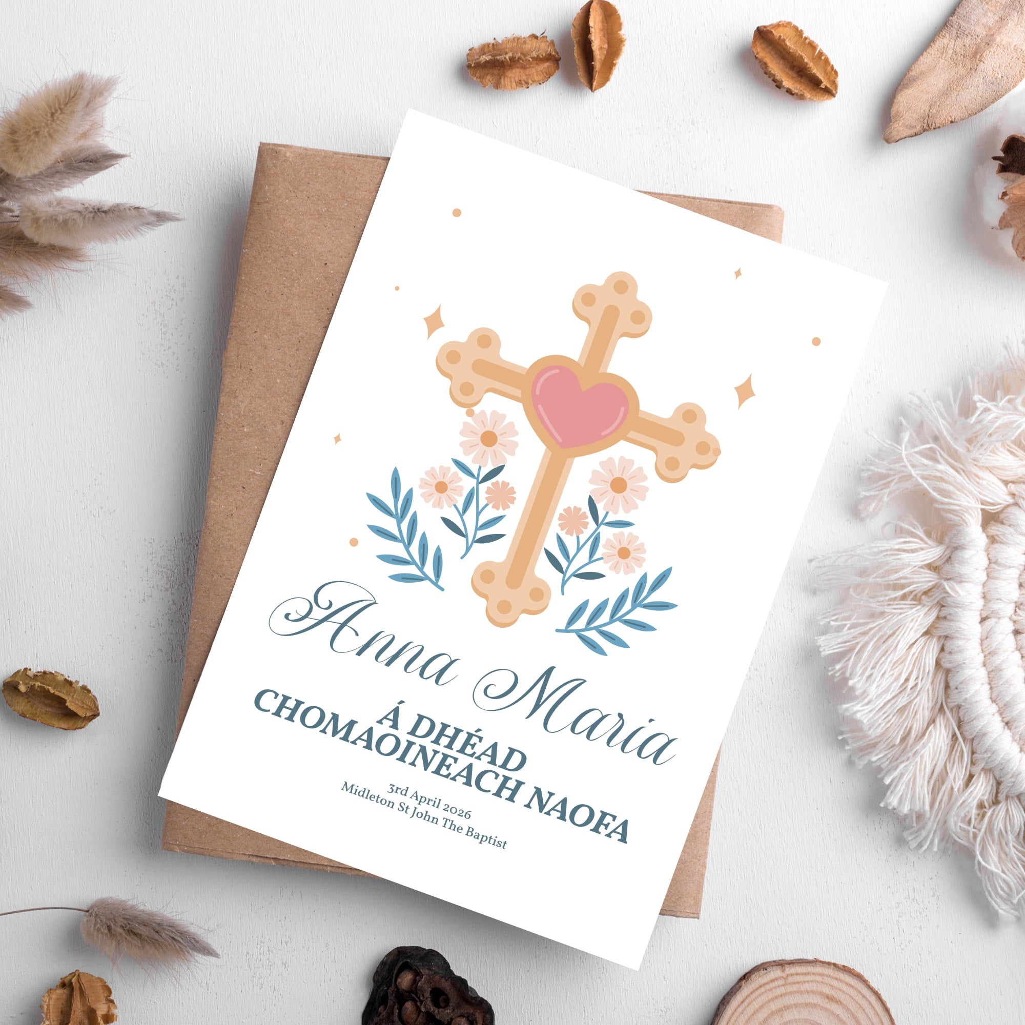 Cross Heart & Floral Personalised Irish Language First Holy Communion Card - Greeting Card - Printarelle