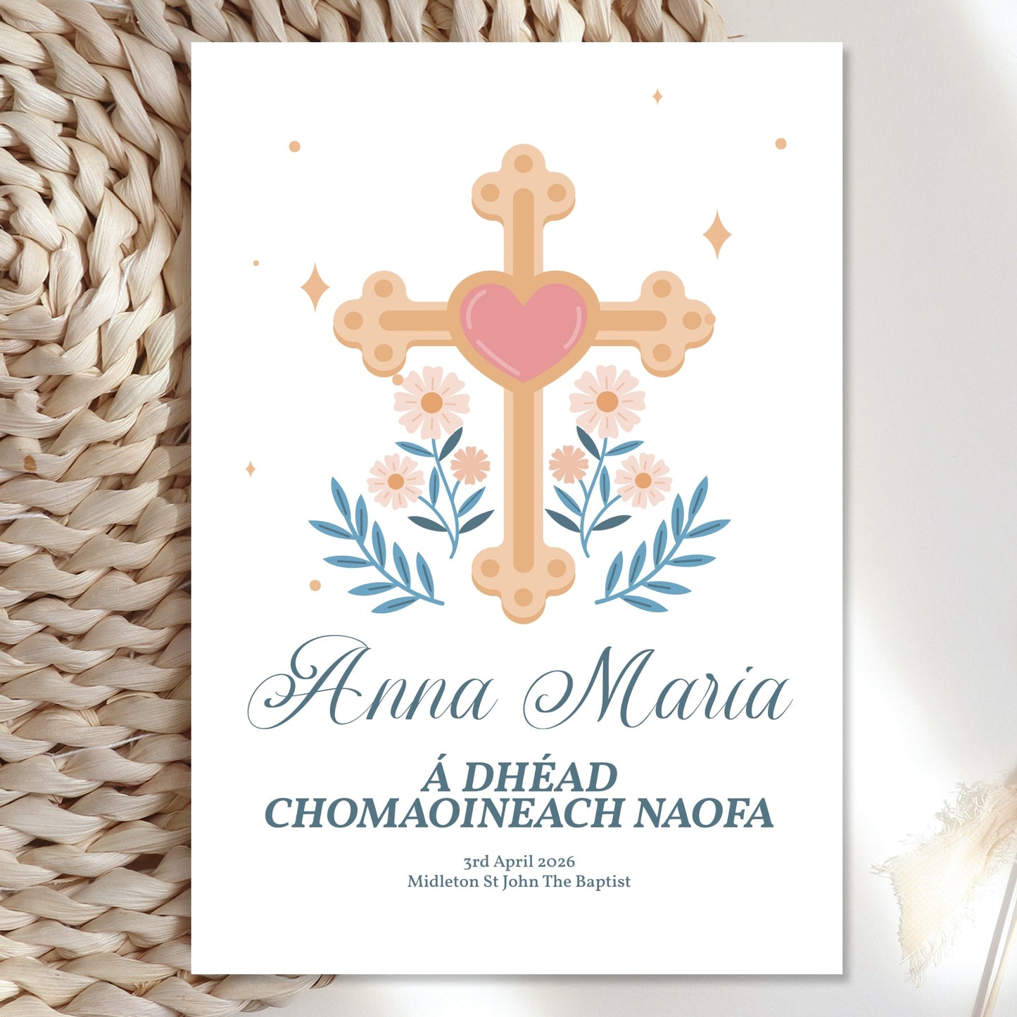 Cross Heart & Floral Personalised Irish Language First Holy Communion Card - Greeting Card - Printarelle