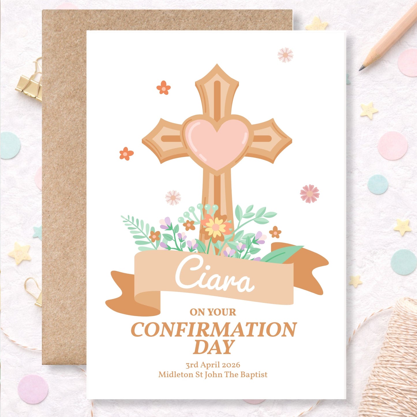 Cross & Heart Personalised Confirmation Card for Girls - Greeting Card - Printarelle