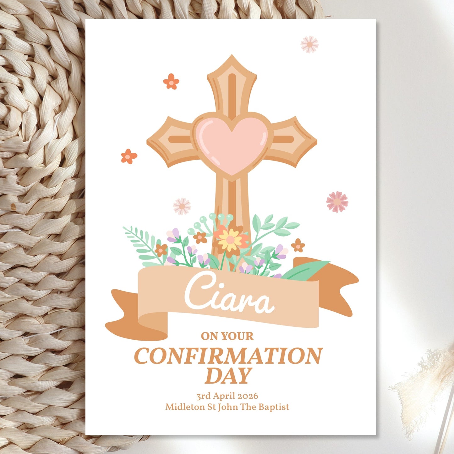 Cross & Heart Personalised Confirmation Card for Girls - Greeting Card - Printarelle