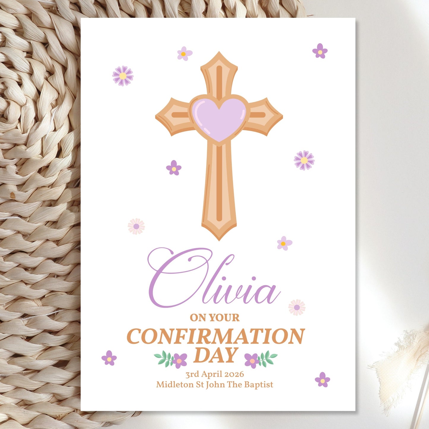 Cross & Heart Personalised Confirmation Card for Girls - Purple - Greeting Card - Printarelle
