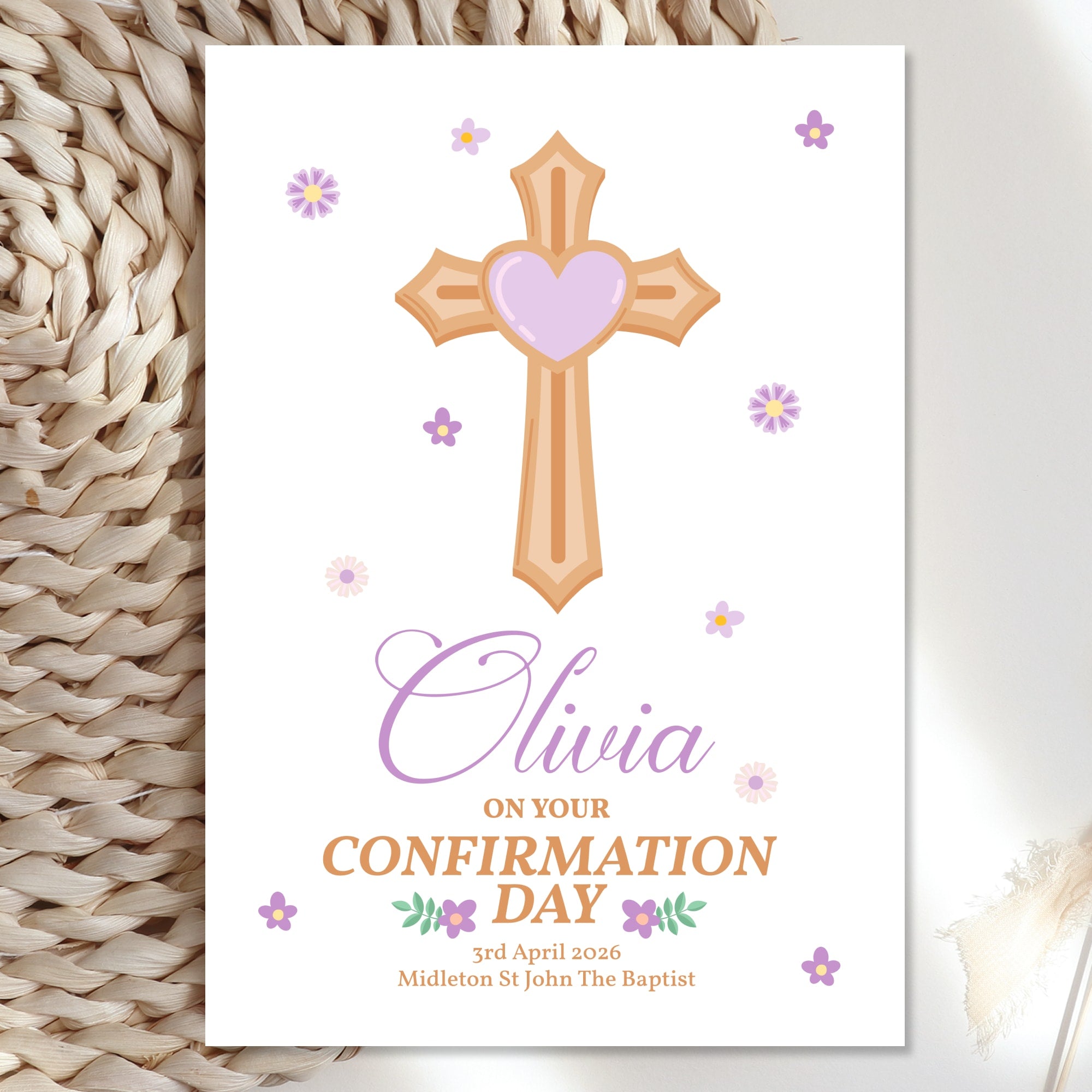Cross & Heart Personalised Confirmation Card for Girls - Purple - Greeting Card - Printarelle