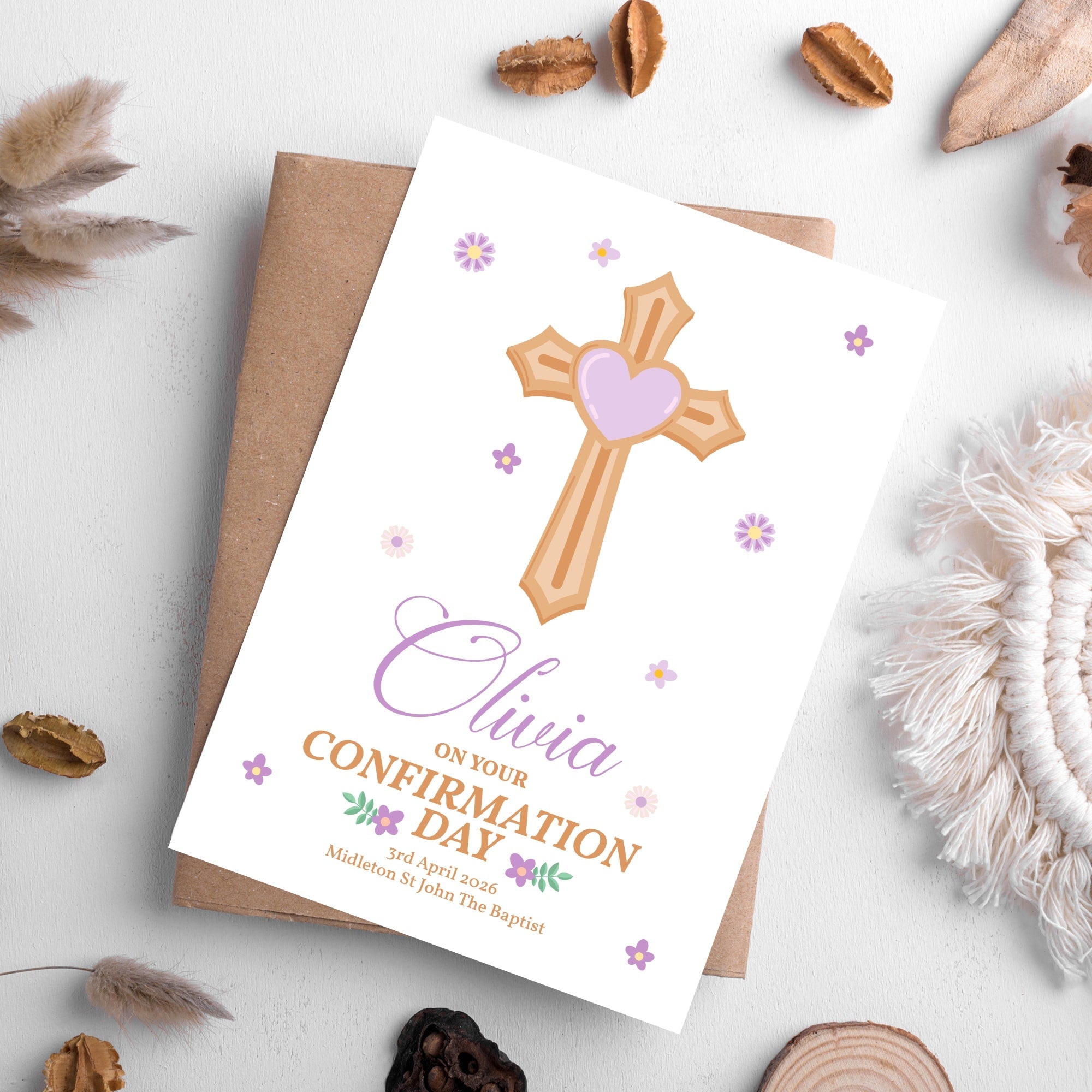 Cross & Heart Personalised Confirmation Card for Girls - Purple - Greeting Card - Printarelle