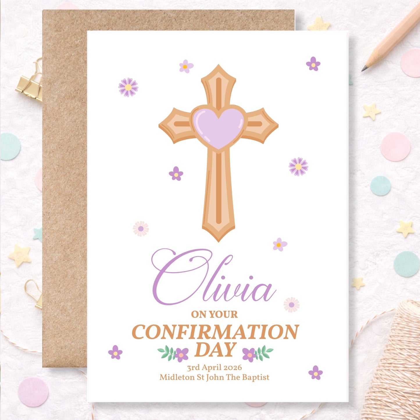 Cross & Heart Personalised Confirmation Card for Girls - Purple - Greeting Card - Printarelle