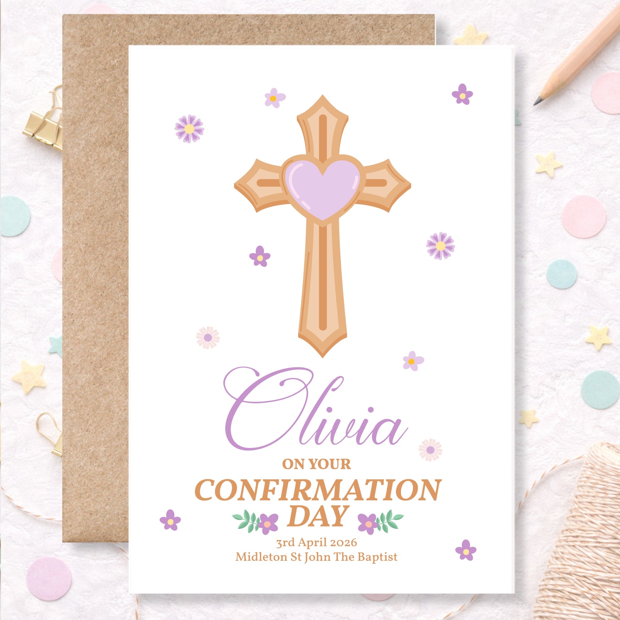 Cross & Heart Personalised Confirmation Card for Girls - Purple - Greeting Card - Printarelle