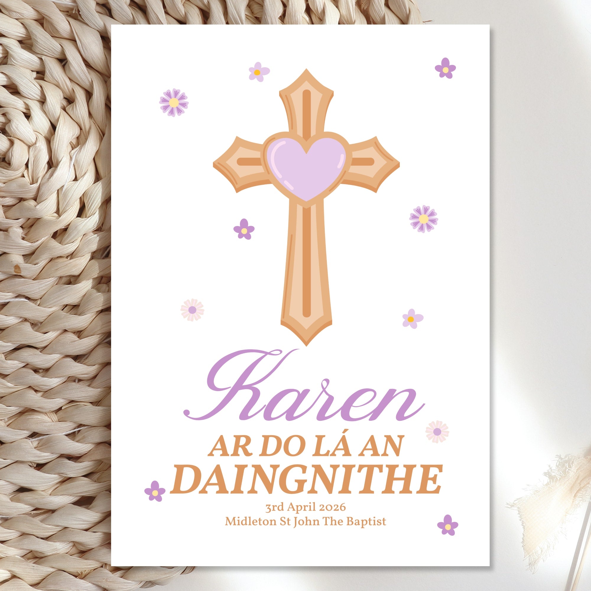 Cross & Heart Personalised Irish Confirmation Card for Girls - Greeting Card - Printarelle