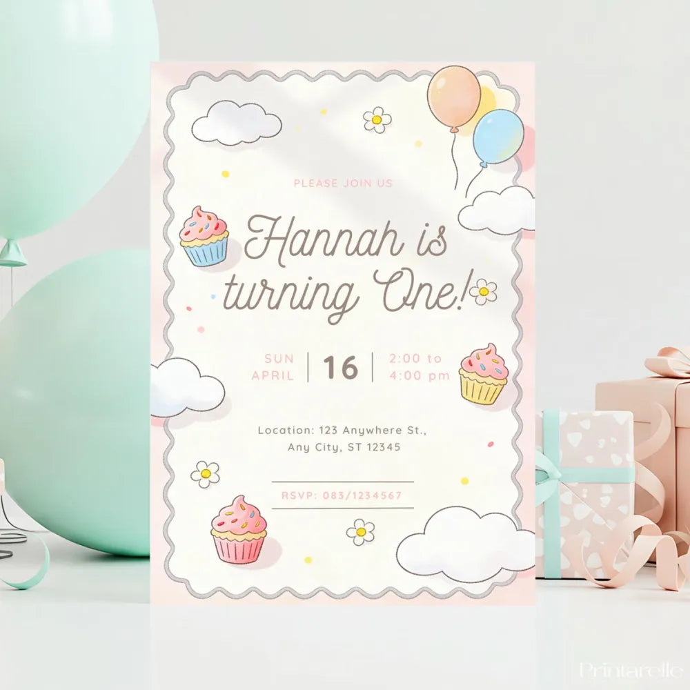 Cupcake 1st Birthday Party Invitation - birthday party, 1st birthday, 1st birthday party, cupcake 1st birthday, cupcake
