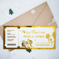 Christmas-themed travel ticket with envelopes on a white background