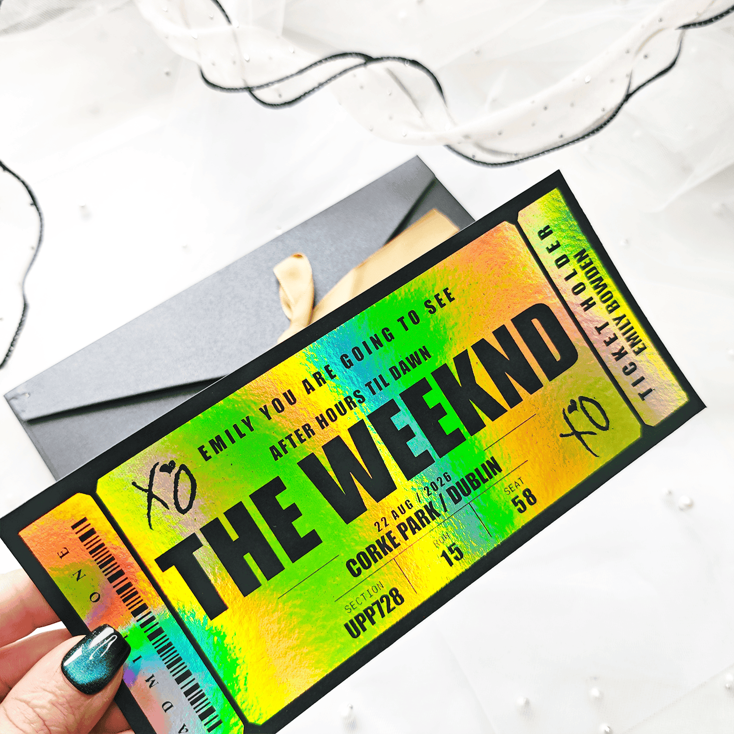 Personalised Weeknd concert foil ticket keepsake. Handmade in Ireland, customised with names and messages. A unique fan gift or stylish memento.