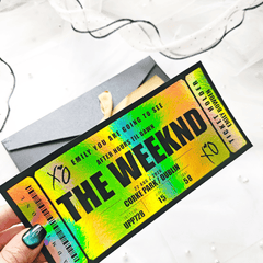 Personalised Weeknd concert foil ticket keepsake. Handmade in Ireland, customised with names and messages. A unique fan gift or stylish memento.