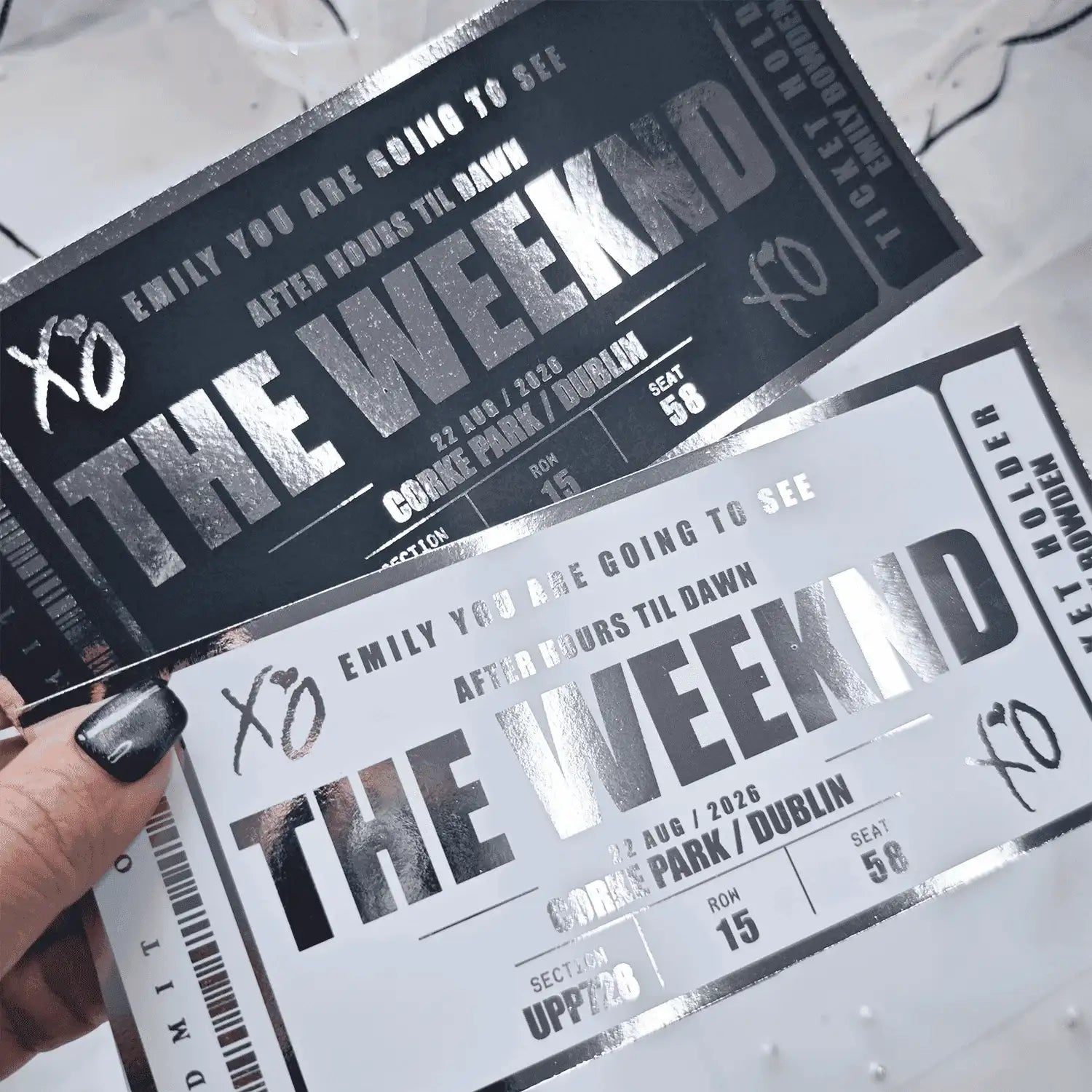 Personalised Weeknd concert foil ticket keepsake. Handmade in Ireland, customised with names and messages. A unique fan gift or stylish memento.