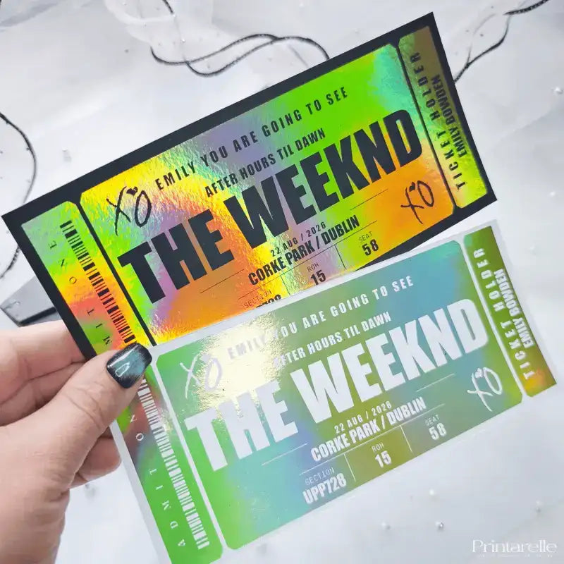 Personalised Weeknd concert foil ticket keepsake. Handmade in Ireland, customised with names and messages. A unique fan gift or stylish memento.
