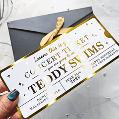 Personalised Teddy Swims foil ticket keepsake with shimmering foil & scratch reveal. Handmade in Ireland, the perfect way to announce concert tickets.