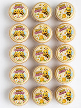 Cute yellow and black edible bee cupcake toppers with happy birthday text and honey pot design for parties