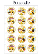 Cute bee happy birthday edible cupcake toppers with cheerful bees and honey pot on light yellow background