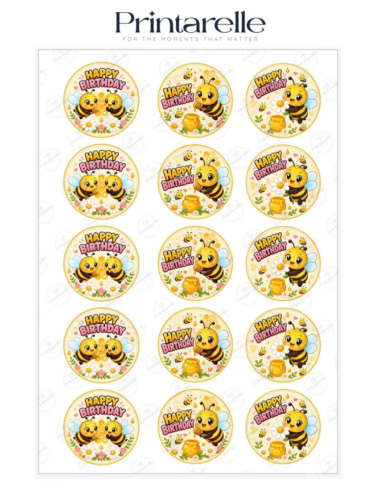 Cute bee happy birthday edible cupcake toppers with cheerful bees and honey pot on light yellow background