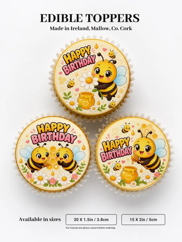 Cute bee happy birthday edible cupcake toppers featuring yellow and black bee designs with floral accents and honey pot elements