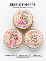Cute pink and white edible cupcake toppers featuring cartoon kittens in festive poses for birthday cakes