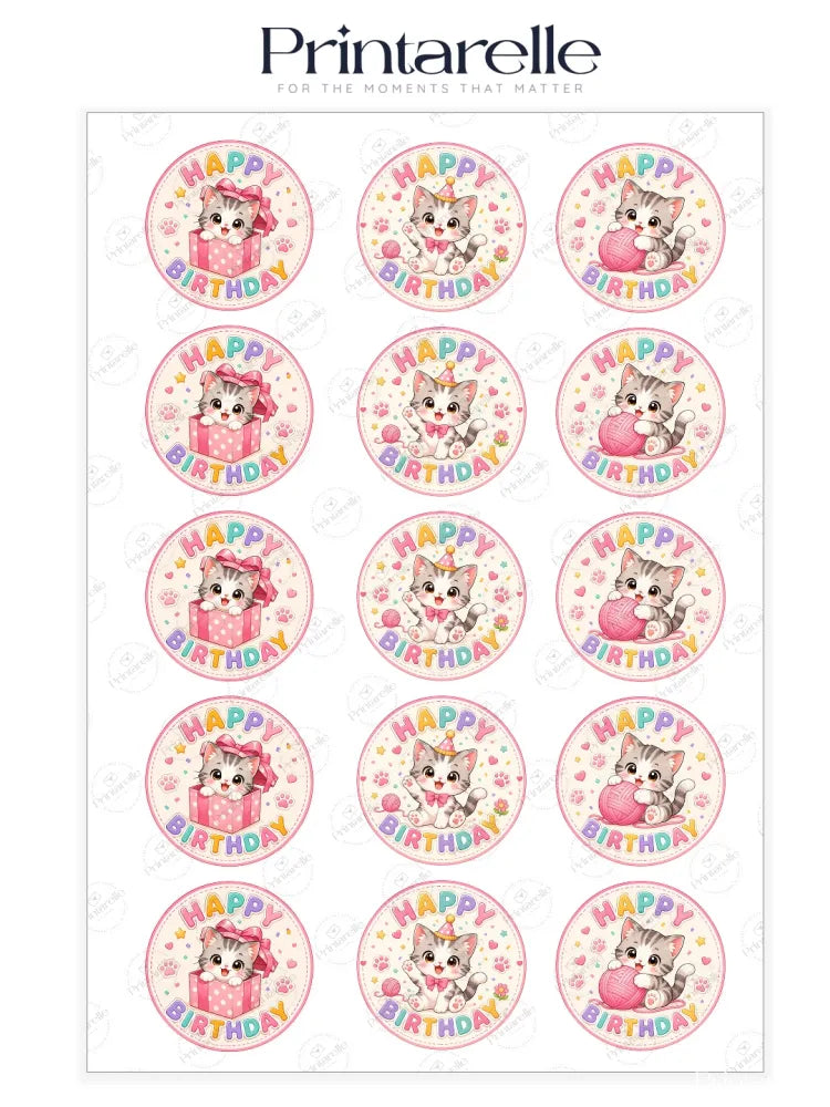 Pink circular edible cupcake toppers with cute cartoon kittens and happy birthday text for cupcakes