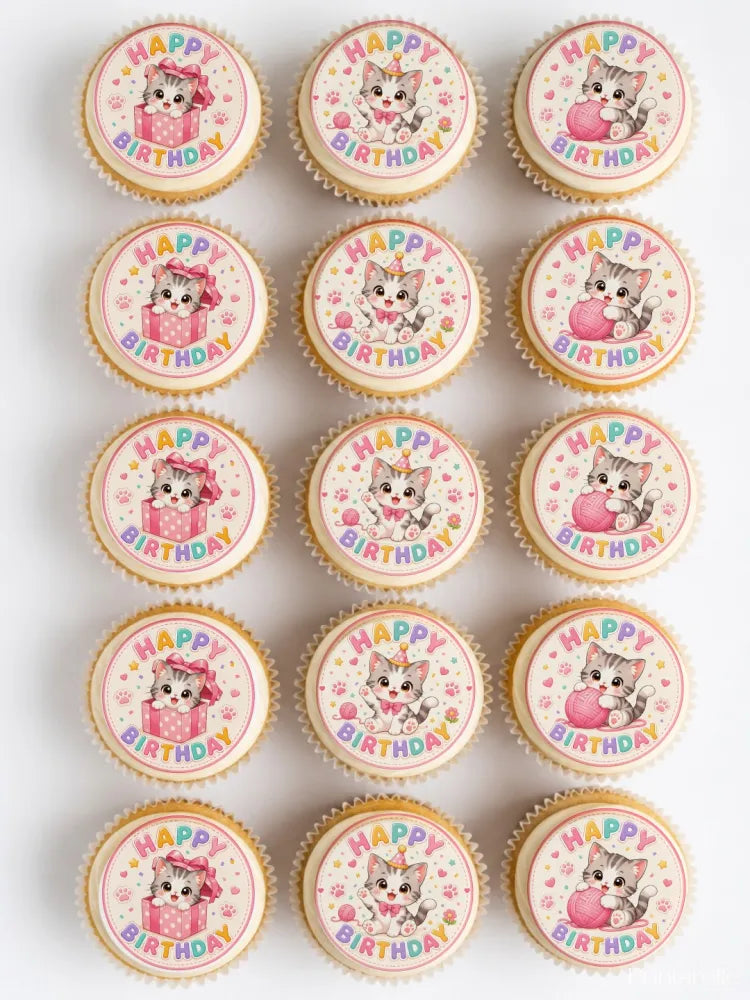 Cute pink and white edible cupcake toppers featuring adorable cartoon kittens for birthday cupcakes