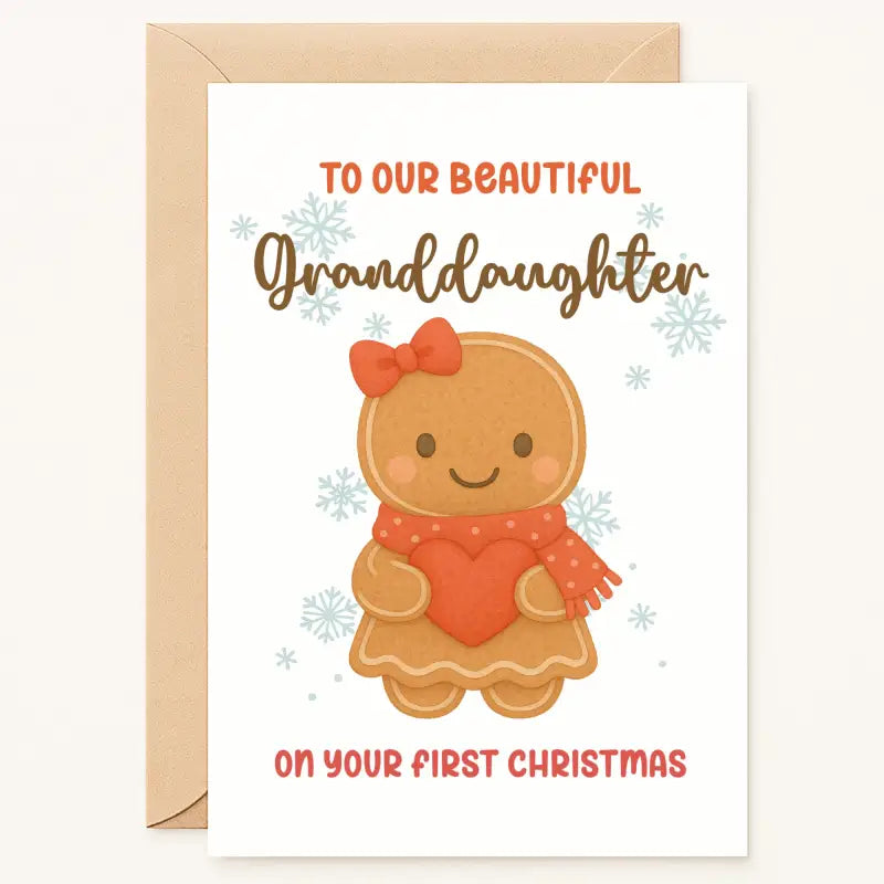 Greeting card with a gingerbread girl design and text for a granddaughter's first Christmas.