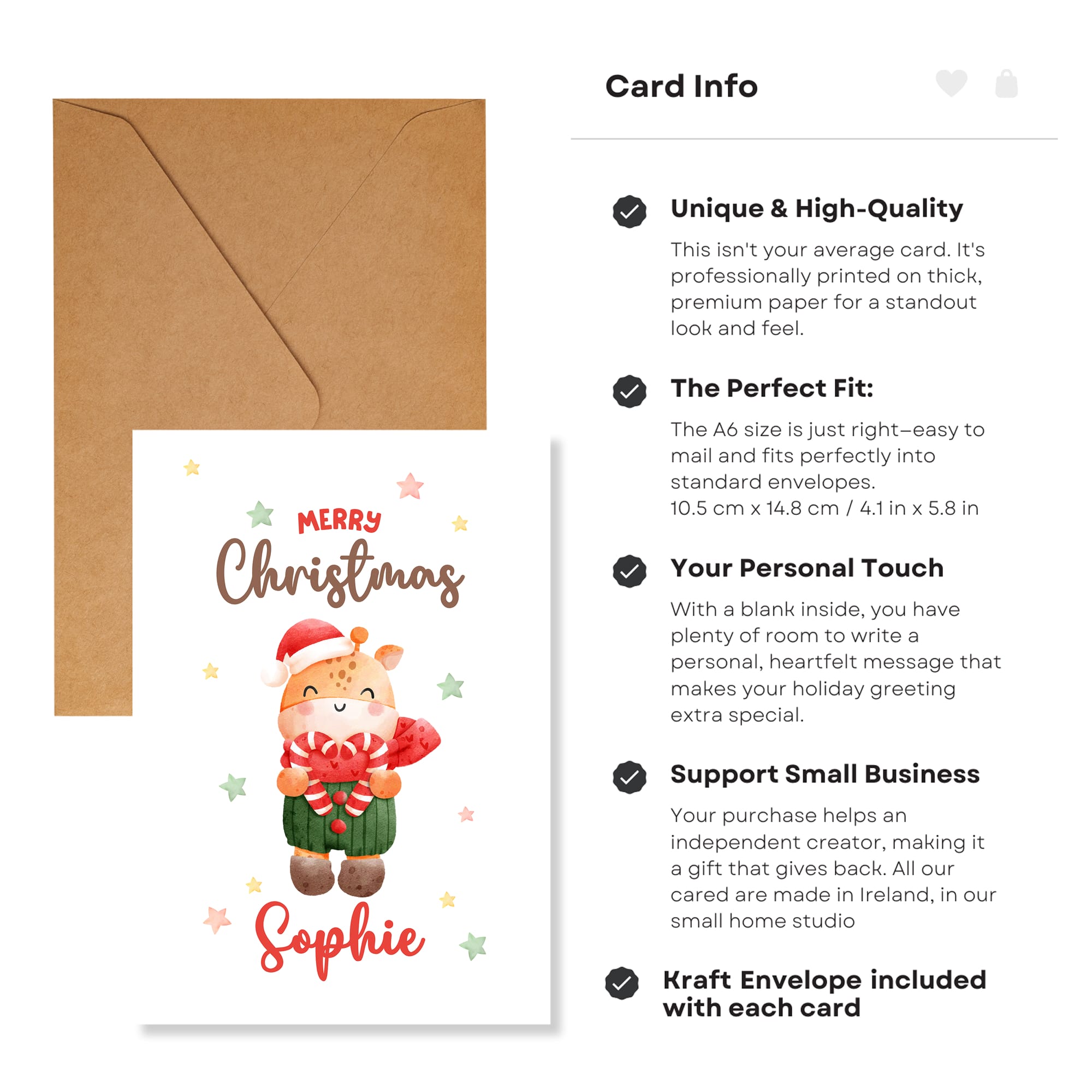 Christmas card with a reindeer illustration and Kraft envelope on a white background