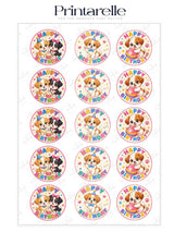 Cute puppy birthday edible cupcake toppers with circular designs, cartoon puppies, pink and blue party hats, and happy birthday text