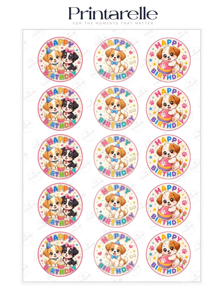 Cute puppy birthday edible cupcake toppers with circular designs, cartoon puppies, pink and blue party hats, and happy birthday text