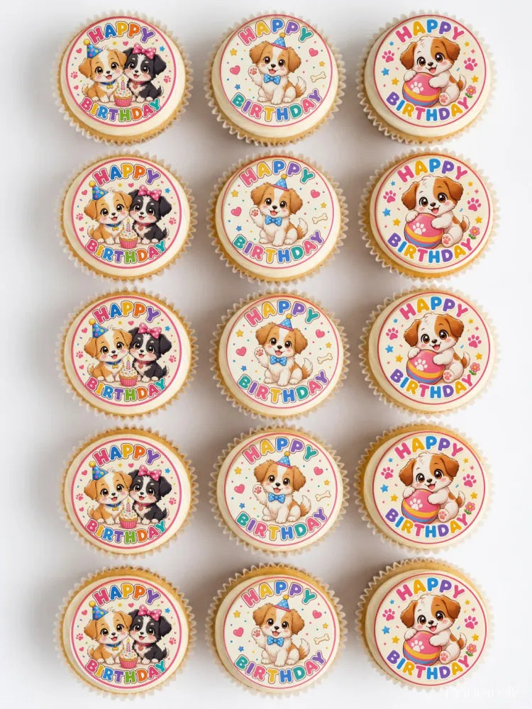 Cute puppy birthday edible cupcake toppers with colorful icing designs perfect for fun cupcake toppers