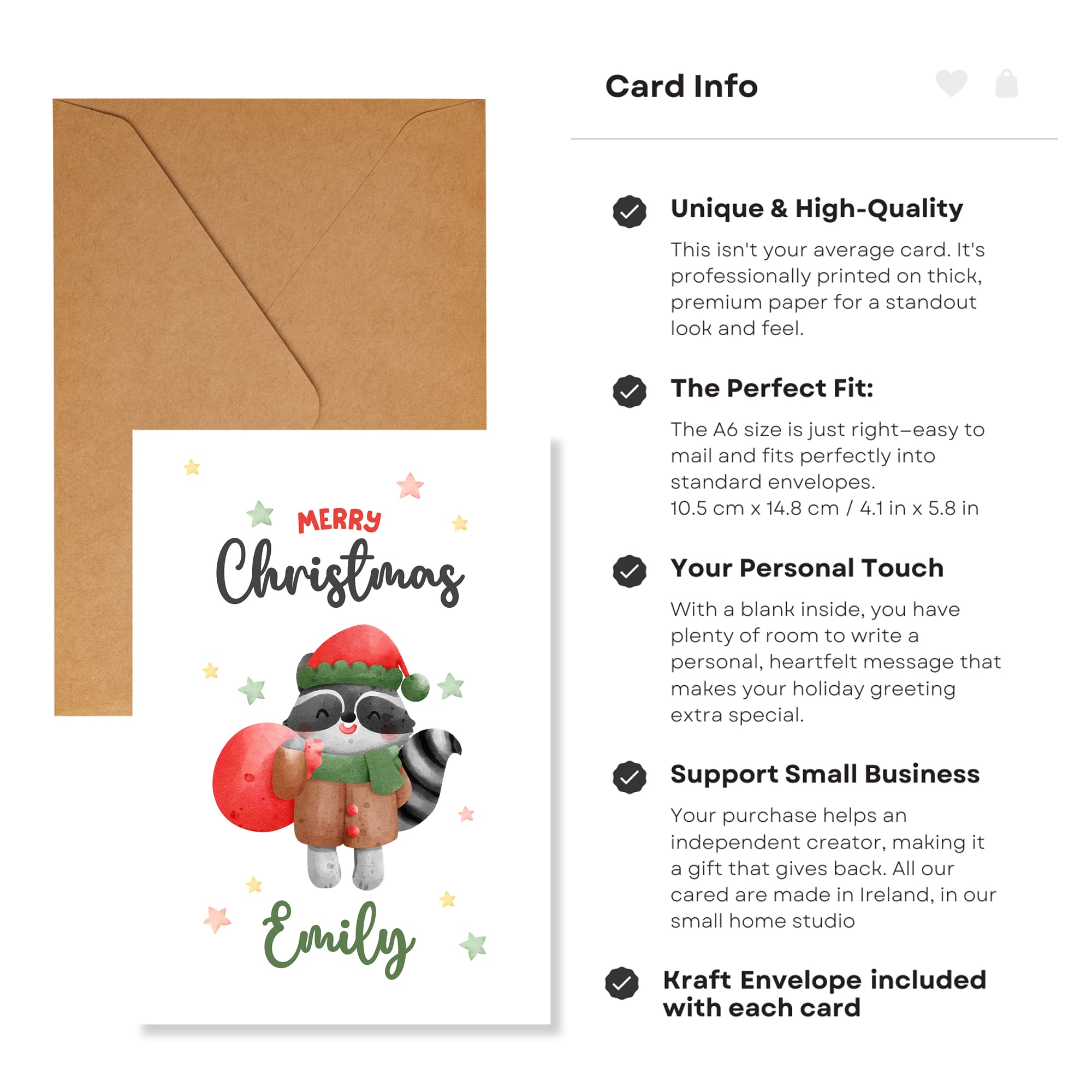 Christmas card with raccoon illustration and envelope, featuring card info text.