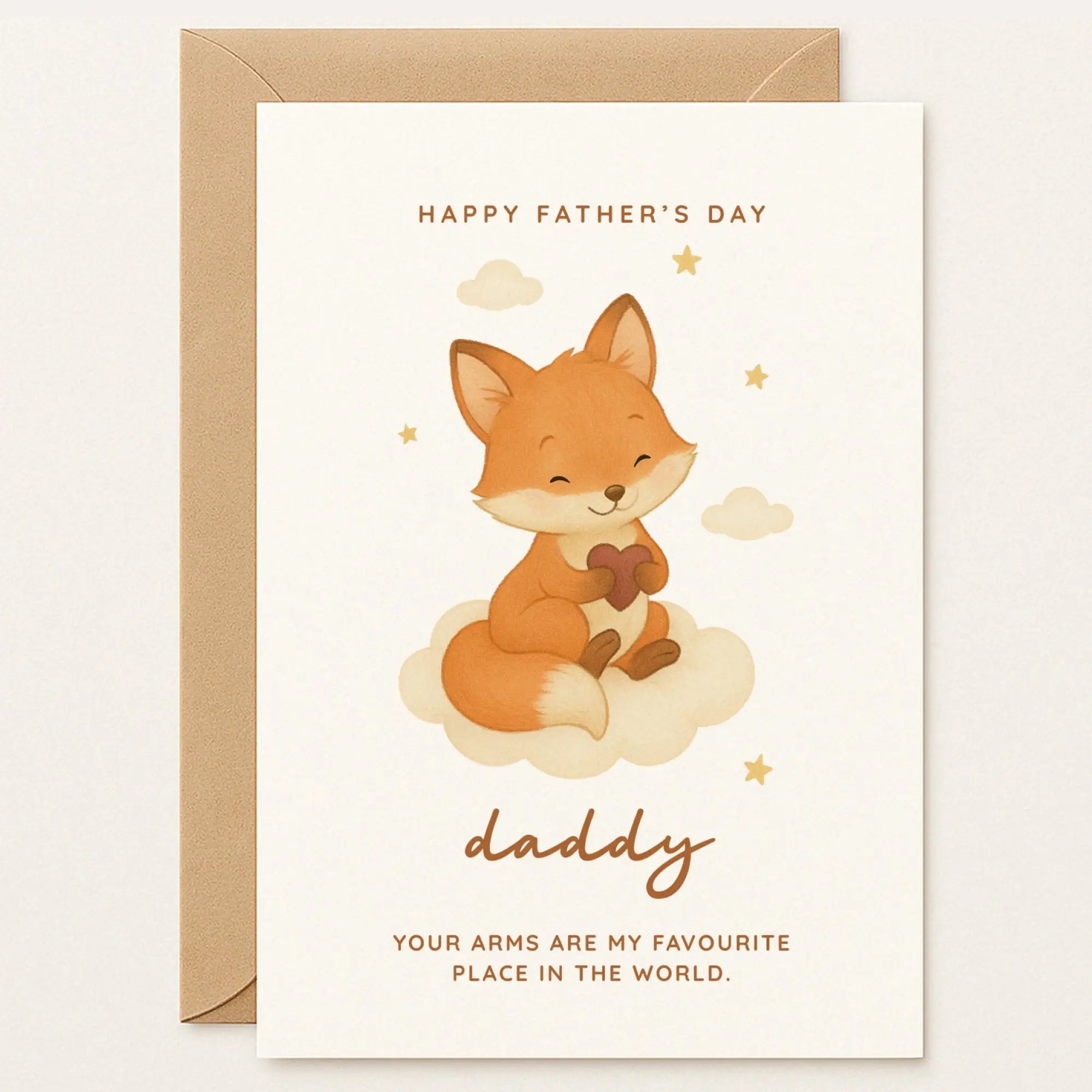 Father’s Day card with a cute baby fox on a cloud holding a heart. Features the quote: “Your arms are my favourite place in the world.”