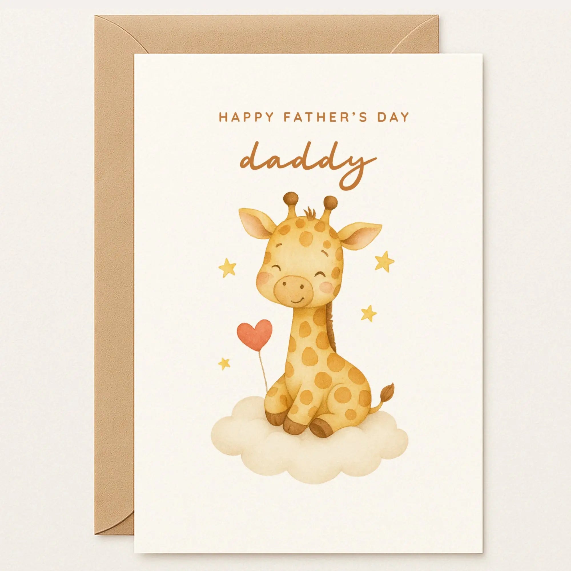 Father’s Day card for Daddy featuring a smiling giraffe sitting on a cloud holding a heart balloon. Ideal from baby bump or toddler.
