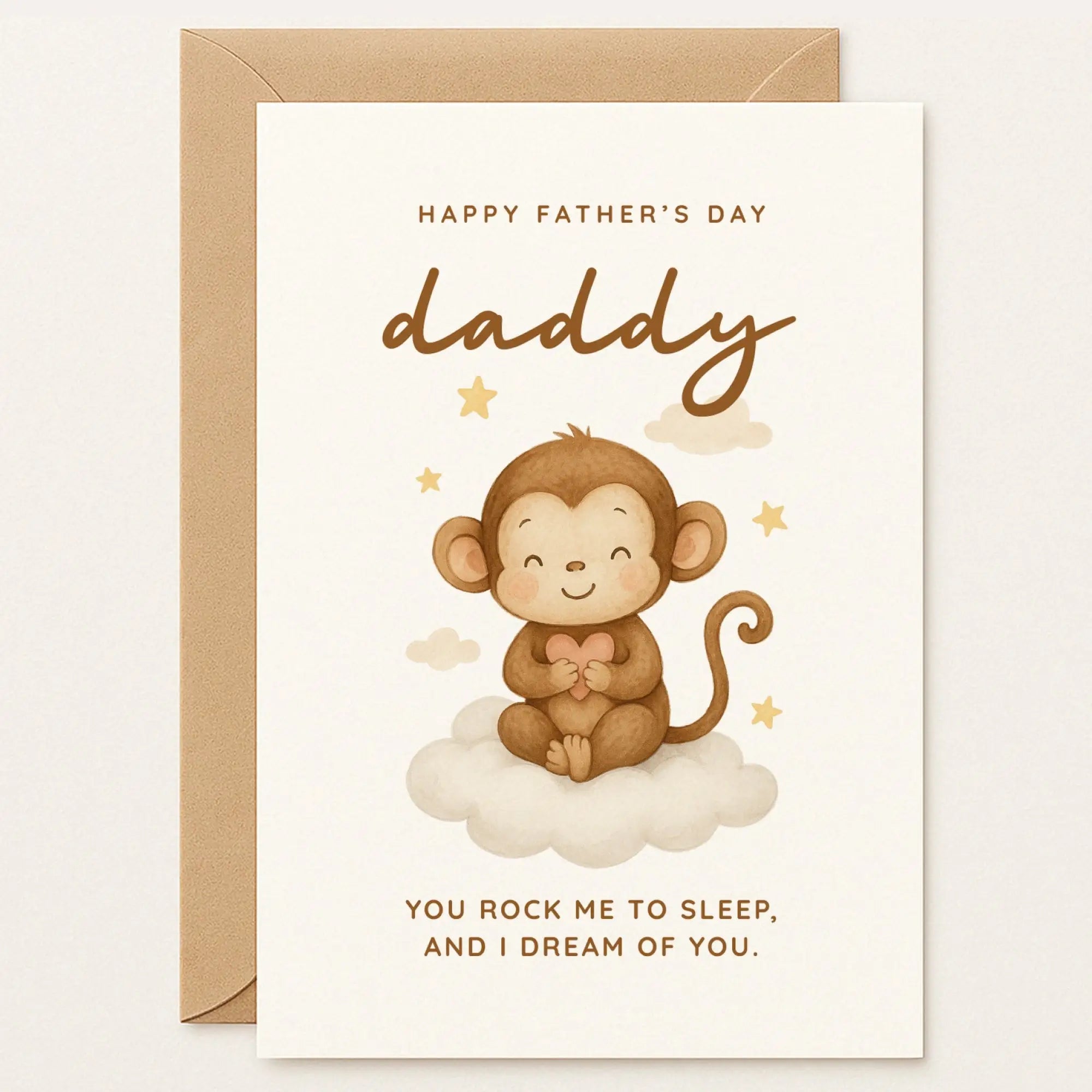 Father’s Day card with a cute baby monkey holding a heart while sitting on a cloud. Message reads: “You rock me to sleep, and I dream of you.”