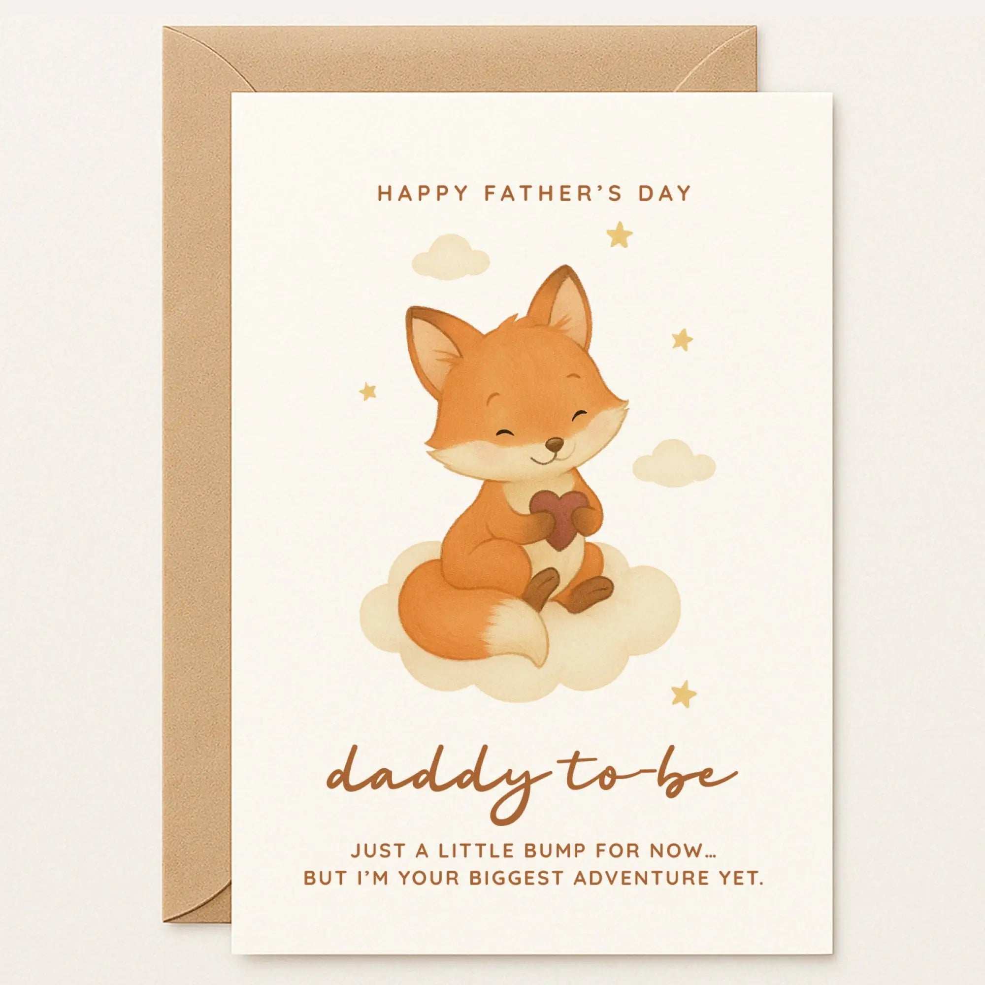 Father’s Day card featuring a smiling baby fox sitting on a cloud with the message “Just a little bump for now... but I’m your biggest adventure yet.”