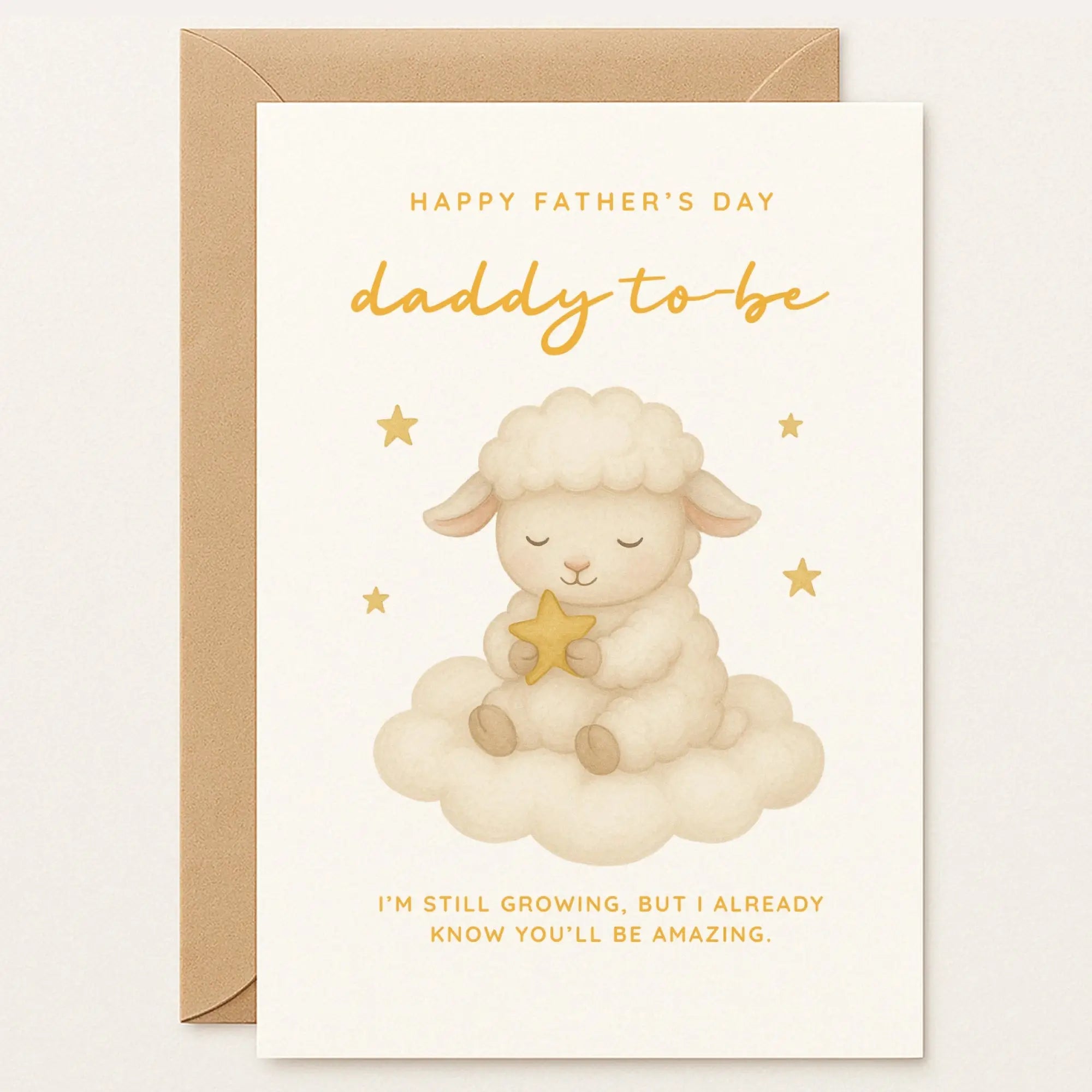 Father’s Day card for daddy to be with a fluffy lamb sitting on a cloud holding a star. Message: “I already know you’ll be amazing.”