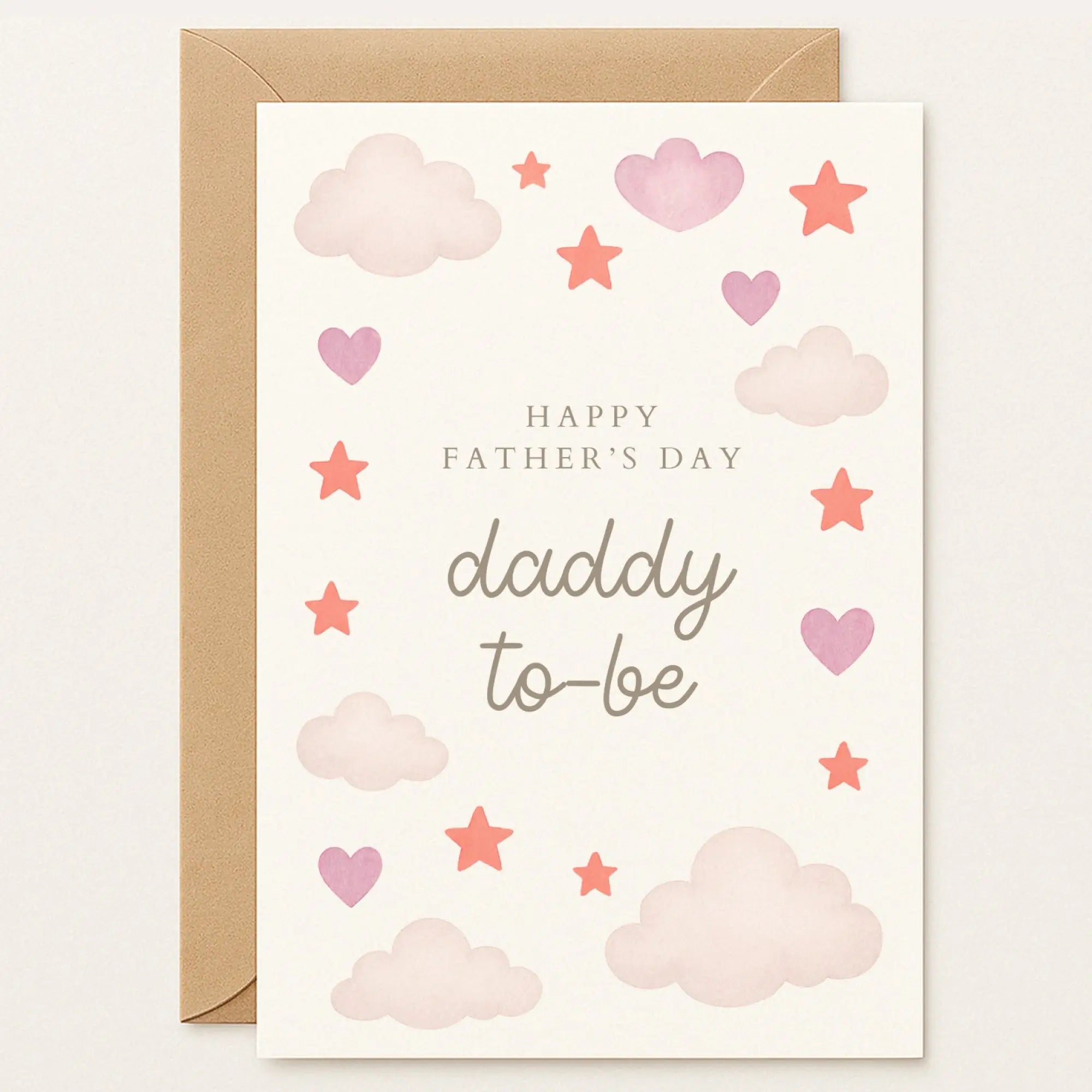 Daddy to Be Father’s Day Card – Pink Clouds & Coral Stars Father’s Day card for daddy to be with pink clouds, coral stars and hearts. A sweet design for expectant fathers.
