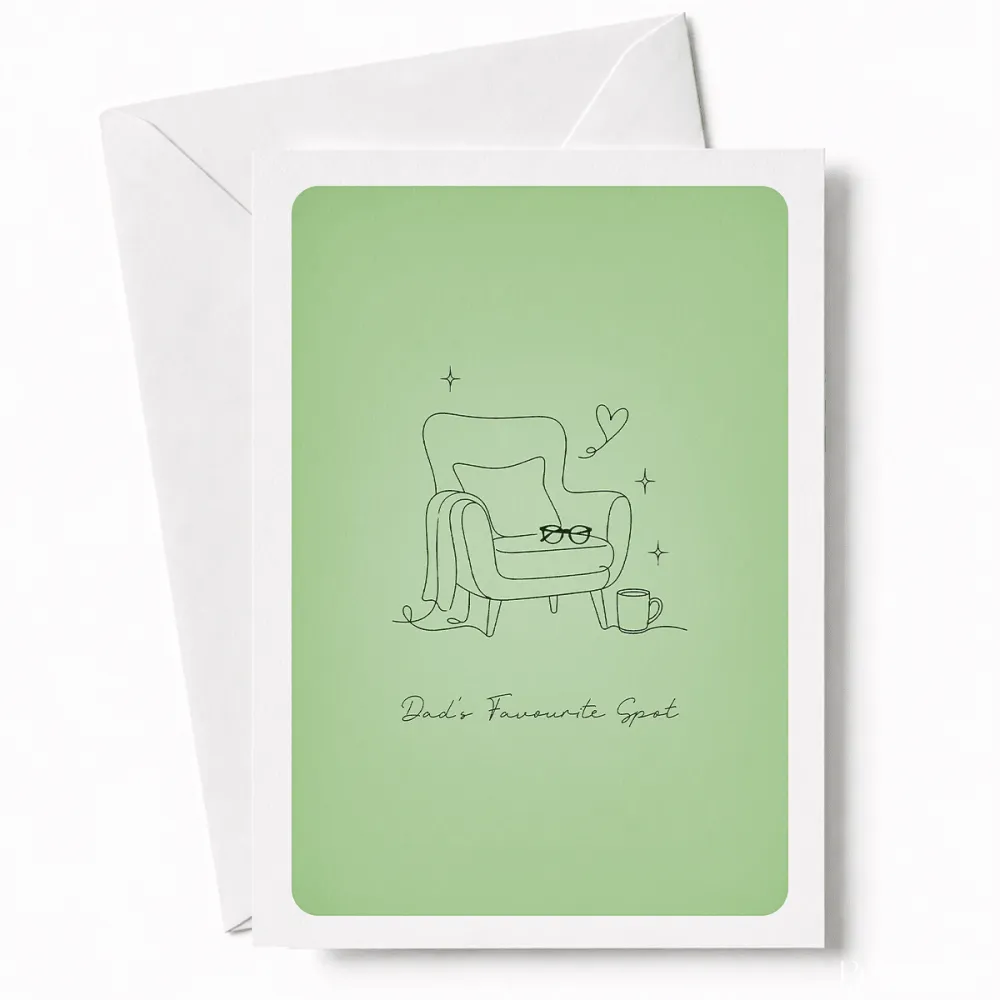 Every dad has his spot, and this card celebrates it in the most charming way. A lovingly drawn line art armchair,