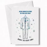 A stylish teal and black line art men’s formal suit on a hanger with stars on a personalised debs card