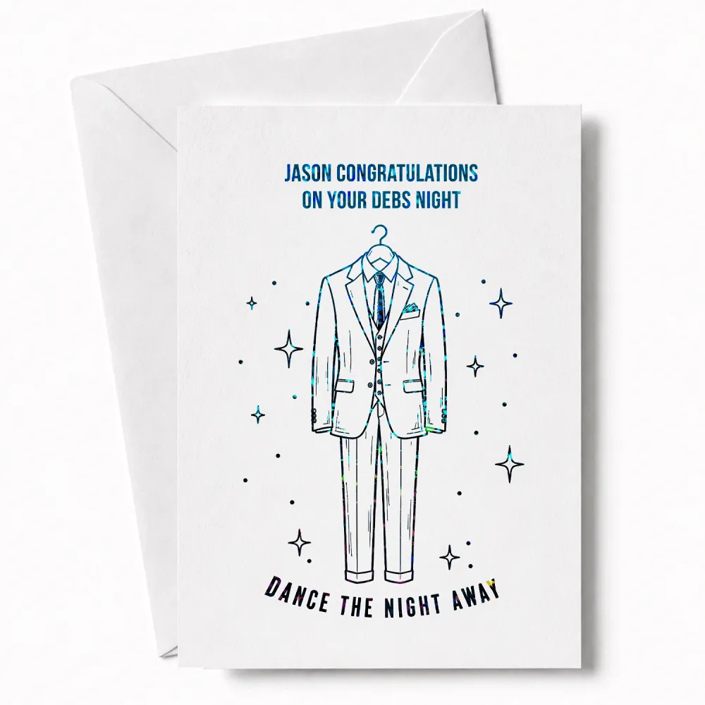 A stylish teal and black line art men’s formal suit on a hanger with stars on a personalised debs card