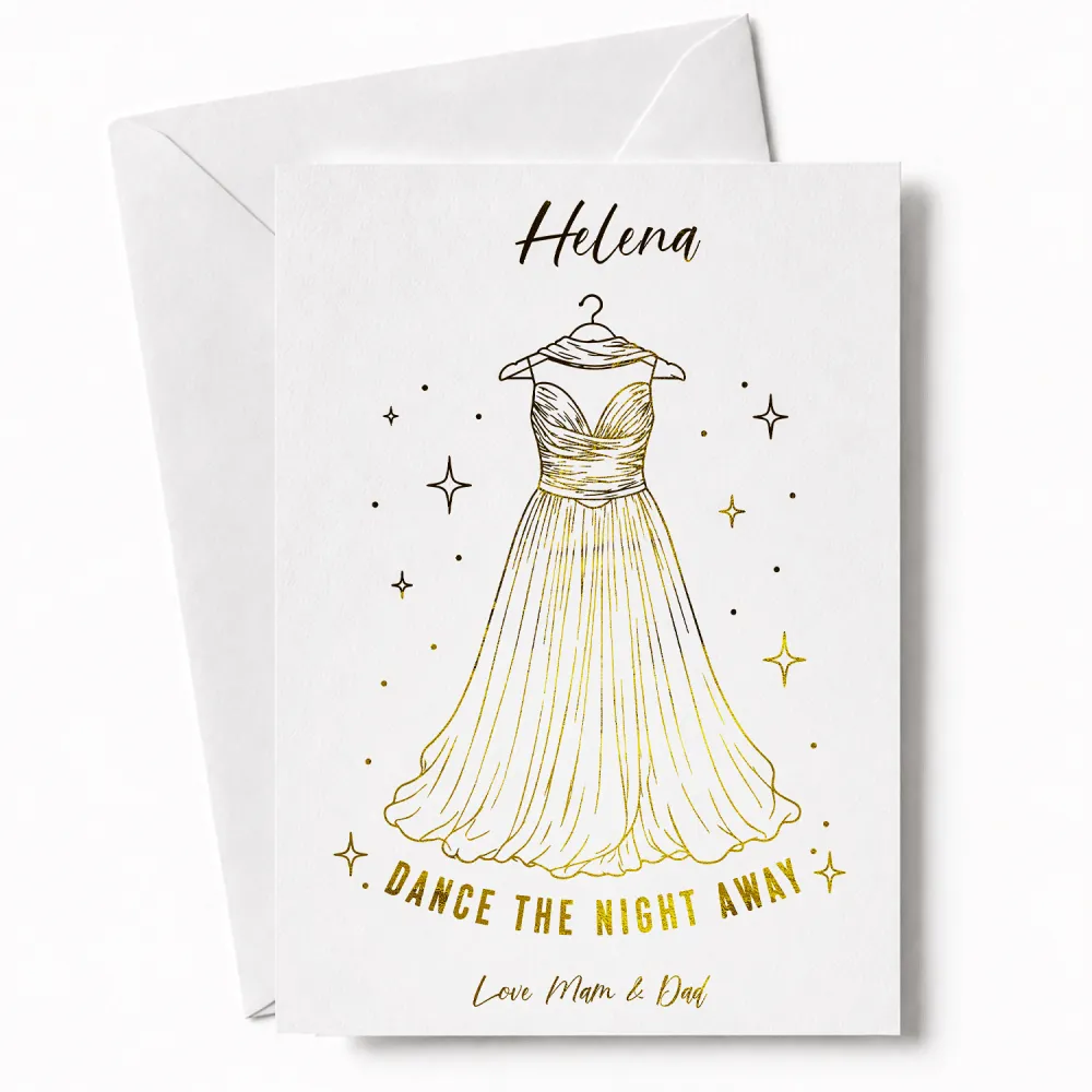A white debs card featuring a gold foil illustration of an elegant strapless gown with stars in real gold foil
