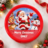 Red circular dancing santa tub with winking santa mid dance festive santa tub sticker on the lid