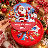 Red circular chocolate tin with dancing santa tub sticker featuring winking santa mid dance merry christmas emily label