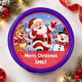 Purple circular cookie jar with festive dancing santa tub sticker featuring winking santa mid dance and christmas characters