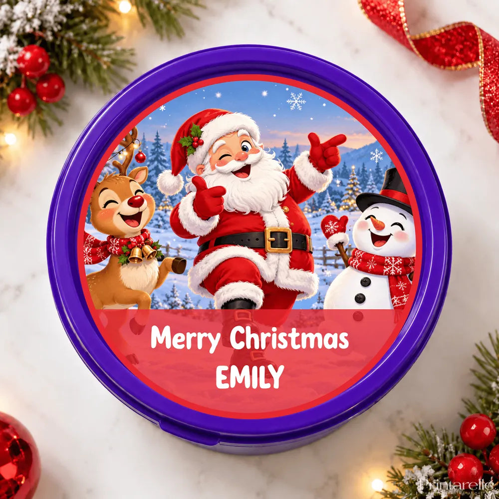 Purple circular cookie jar with festive dancing santa tub sticker featuring winking santa mid dance and christmas characters