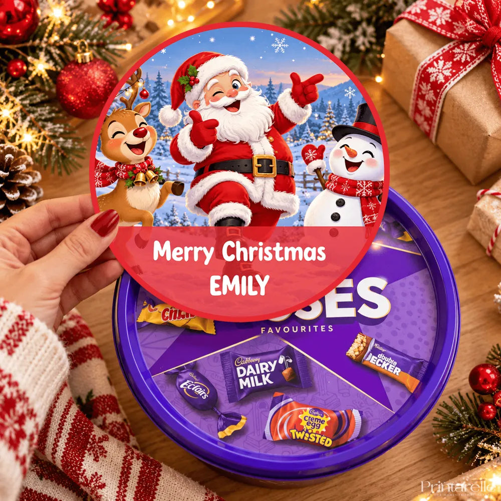 Purple circular tin of cadbury chocolate favourites with festive dancing santa tub sticker featuring winking santa mid-dance